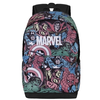 Mochila colorida com personagens da Marvel e texto MARVEL