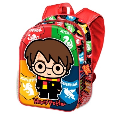 Mochila infantil colorida com tema Harry Potter e símbolos das casas