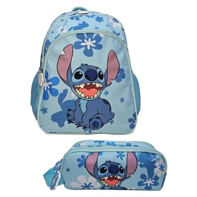 Mochila e estojo escolares azuis com personagem Stitch e padrão floral