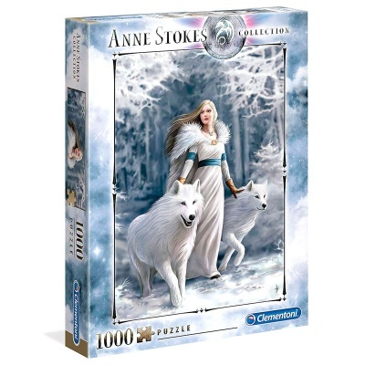 Caixa de quebra-cabeças 1000 peças Anne Stokes com mulher e dois lobos brancos na neve