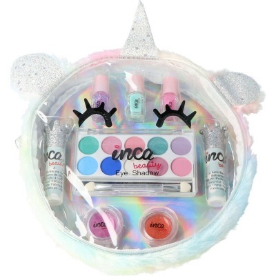 Conjunto de maquilhagem infantil com bolsa redonda holográfica e temática unicórnio