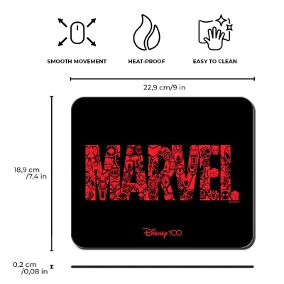 Tapete de rato preto com logo Marvel vermelho e texto Disney 100