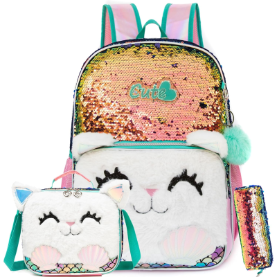 Mochila, lancheira e estojo com padrão de gato e lantejoulas