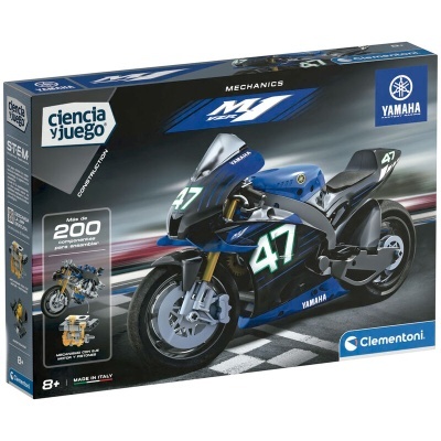 Caixa de brinquedo de construção STEM com modelo de mota Yamaha M1 azul e preta