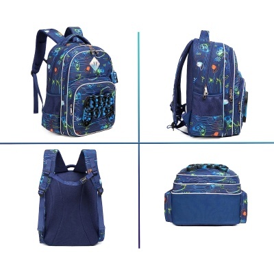 Mochila azul escura com padrões coloridos vista de vários ângulos