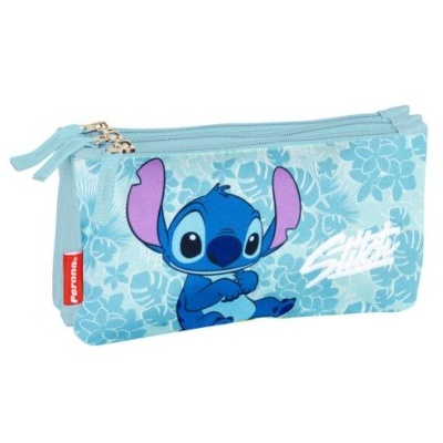 Estojo azul claro com personagem Stitch e estampado floral