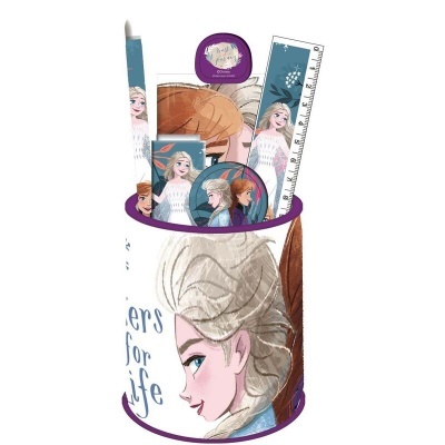 Conjunto de material escolar Frozen com lápis, régua, borracha e apontador em suporte roxo.