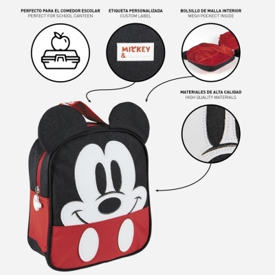 Mochila escolar preta e vermelha com cabeça do Mickey e bolso interior de malha.