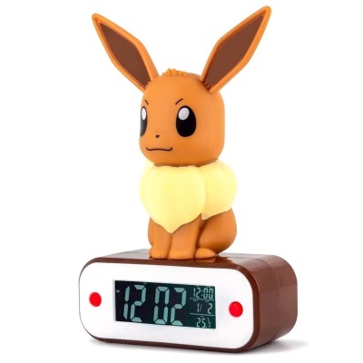 Relógio digital com figura do Pokémon Eevee em cima