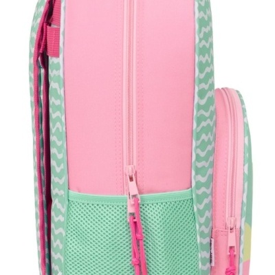 Mochila rosa e verde claro com padrão de ondas e bolsos de malha vista lateral