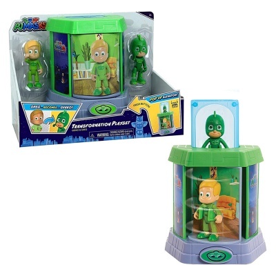 Brinquedo de transformação PJ Masks com figuras e estrutura plástica verde e azul, na embalagem original.