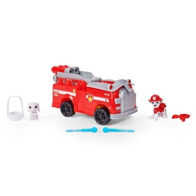 Brinquedo veículo de bombeiros vermelho com figuras de animais e acessórios