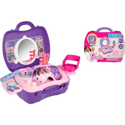 Brinquedo Barbie Playset penteadeira portátil rosa e roxa com cadeira e acessórios.