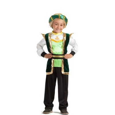 Traje infantil príncipe com colete verde e dourado e chapéu combinado