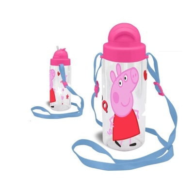 Garrafa transparente com personagem cor-de-rosa e tampa rosa com alça azul