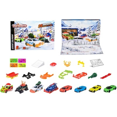 Calendário do advento Majorette com carros de brinquedo e acessórios coloridos em cenário de inverno.