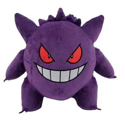 Pelúcia roxa do personagem Pokémon Gengar com olhos vermelhos e sorriso largo