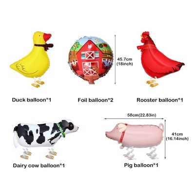 balões de foil em formas de animais e celeiro com várias cores e tamanhos indicados