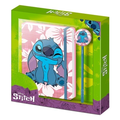 Conjunto Disney Stitch com caderno floral e caneta azul