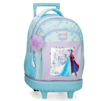 Mala de rodinhas infantil azul claro e lilás com estampa da Disney Frozen e personagens Elsa e Anna