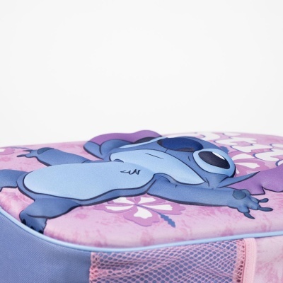 Mochila rosa com personagem Stitch e bolso lateral de rede