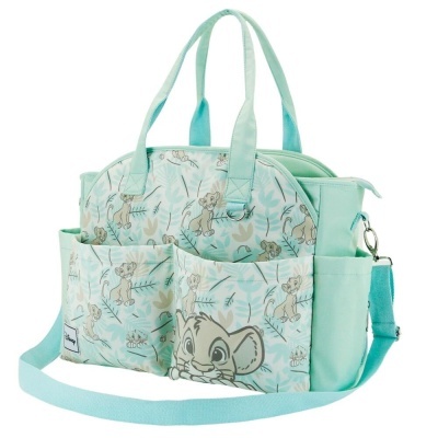 Mala azul claro com padrão Simba e alças para transportar.