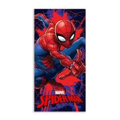Toalha com imagem do Spider-Man em trajes azul e vermelho e texto MARVEL SPIDER-MAN