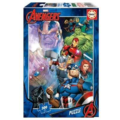 Caixa de puzzle Avengers Marvel com 300 peças e personagens coloridos
