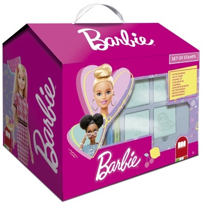 Caixa rosa Barbie com conjunto de carimbos visível