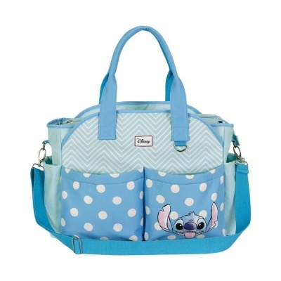 Mala azul claro Disney com padrão bolinhas e personagem Stitch