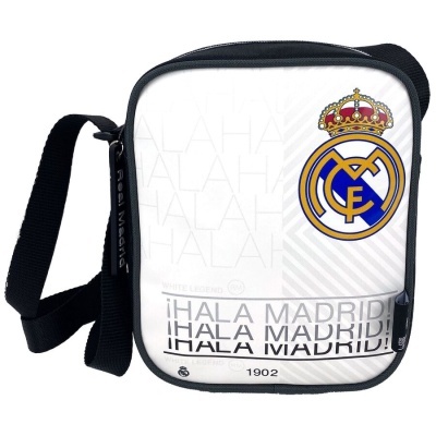 Mala tiracolo branca com emblema do Real Madrid e texto 'HALA MADRID'