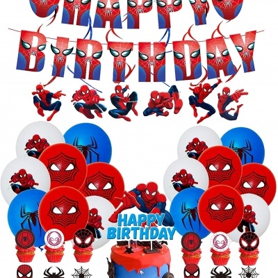 Decoração de aniversário Homem-Aranha com balões, bandeirola e bolo