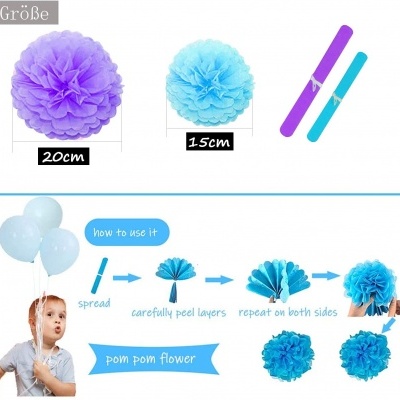 Pompons decorativos de papel azul e roxo com instruções de uso