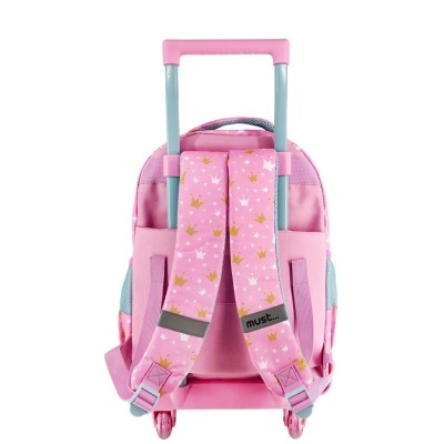 Mochila escolar rosa com rodinhas e alças estampadas
