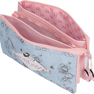 Estojo escolar com desenhos da Minnie Mouse em azul claro e rosa