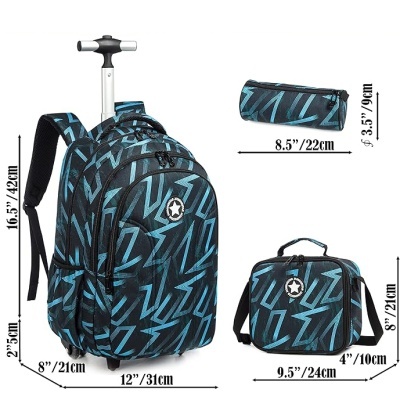 Conjunto escolar de mochila rolante, mochila e estojo com padrão preto e azul e símbolo de estrela