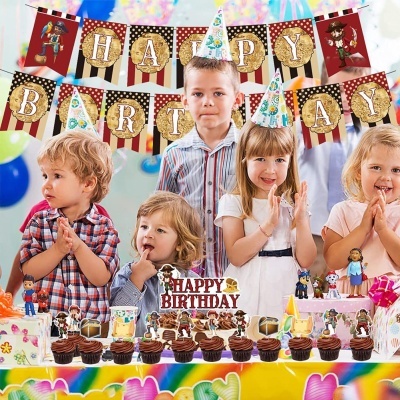 Banner HAPPY BIRTHDAY e crianças em festa com bolo e cupcakes decorados
