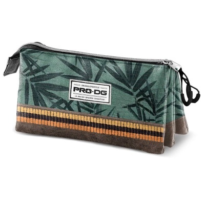 Estojo escolar triplo PRO DG verde com padrão de folhas escuras e faixa listrada castanha