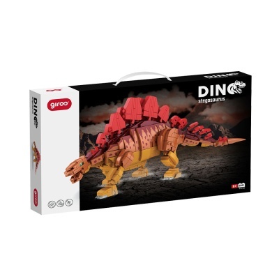 Embalagem de brinquedo de montar DIN Stegosaurus com dinossauro vermelho, castanho e amarelo