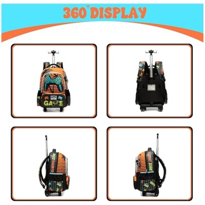 Mochila de rodinhas temática de videojogos vista de frente, costas e lados em fundo branco
