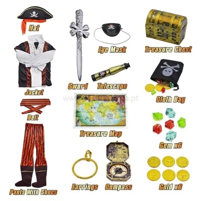 Conjunto de fantasia de pirata com chapéu, casaco, calças, cinto, espada, máscara, telescópio, saco, mapa, brincos, bússola, pedras preciosas e moedas de ouro.