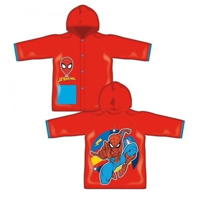 Casaco impermeável vermelho com estampas do Spiderman e bolso azul
