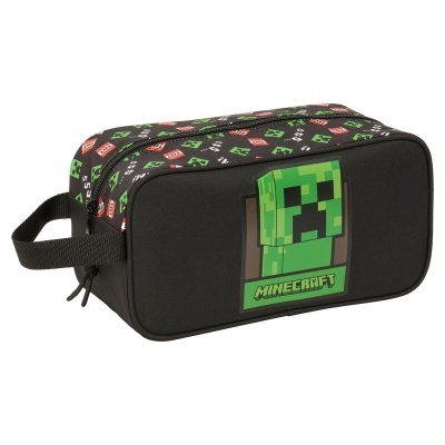 Estojo retangular preto com padrão colorido de Minecraft e personagem verde pixelado