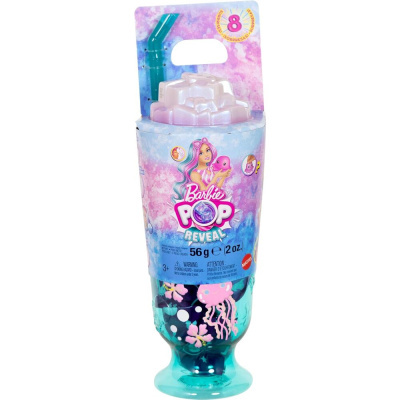 Embalagem de brinquedo Barbie Pop Reveal em forma de copo decorada com desenhos marinhos