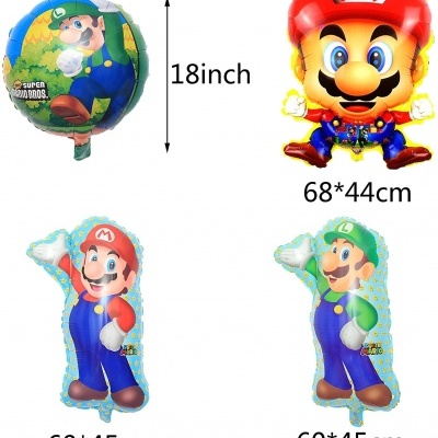 Conjunto de balões de festa com temas de Mario e Luigi com diferentes tamanhos indicados.
