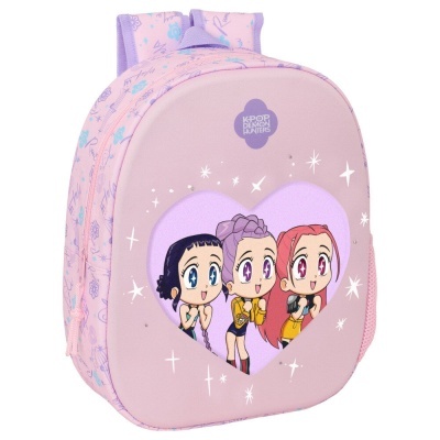 Mochila rosa com personagens estilo anime no coração lilás e texto K-POP DEMON HUNTERS
