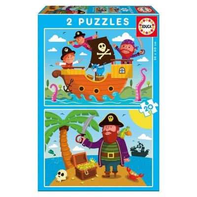 Caixa de puzzles com ilustrações de piratas e baú do tesouro.