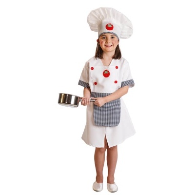 Criança com fato de cozinheiro e panela