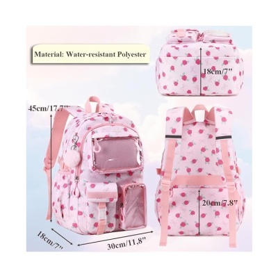 Mochila rosa floral em poliéster resistente à água com vários bolsos