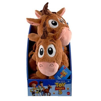 Peluche castanho Bullseye Toy Story 5 em embalagem azul com personagens